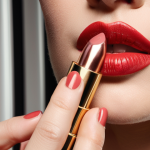 **Refillable Lipstick:** Close-up shot of a beautifully designed, refillable lipstick case with a new lipstick bullet being inserted. Focus on the eco-friendly packaging and the luxurious feel. Background subtly shows a woman applying lipstick.