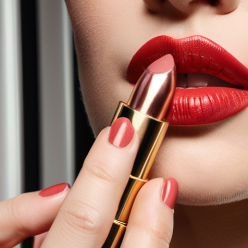Home 11 **Refillable Lipstick:** Close-up shot of a beautifully designed, refillable lipstick case with a new lipstick bullet being inserted. Focus on the eco-friendly packaging and the luxurious feel. Background subtly shows a woman applying lipstick.