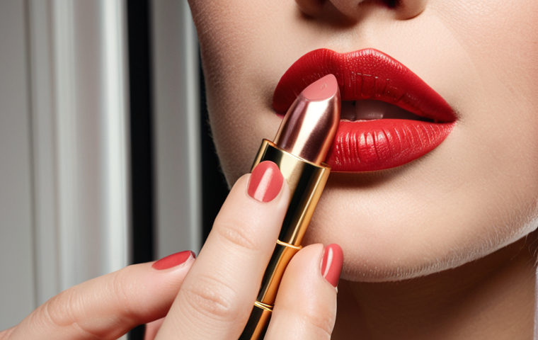 **Refillable Lipstick:** Close-up shot of a beautifully designed, refillable lipstick case with a new lipstick bullet being inserted. Focus on the eco-friendly packaging and the luxurious feel. Background subtly shows a woman applying lipstick.