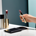 A serene, professional individual, seen from a natural angle, gently inserting a refill into a sleek, metallic lipstick case on a polished minimalist vanity. The scene emphasizes sophisticated sustainable beauty, with soft, elegant lighting. The subject is fully clothed in modest, professional attire, demonstrating perfect anatomy, correct proportions, and a natural pose with well-formed hands and proper finger count. The overall image depicts a high-quality, professional photograph, safe for work, appropriate content, and family-friendly.