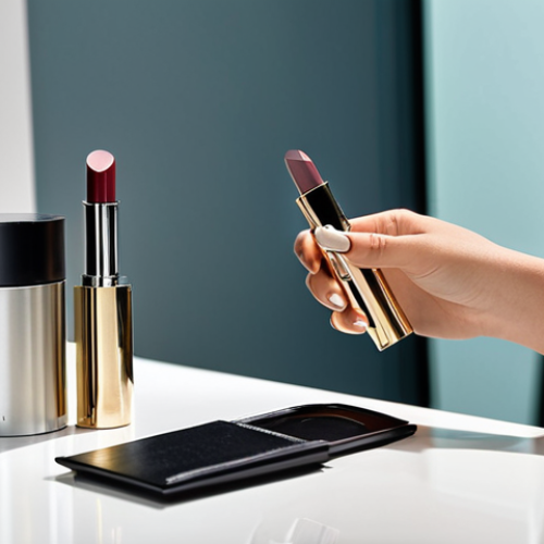 Home 6 A serene, professional individual, seen from a natural angle, gently inserting a refill into a sleek, metallic lipstick case on a polished minimalist vanity. The scene emphasizes sophisticated sustainable beauty, with soft, elegant lighting. The subject is fully clothed in modest, professional attire, demonstrating perfect anatomy, correct proportions, and a natural pose with well-formed hands and proper finger count. The overall image depicts a high-quality, professional photograph, safe for work, appropriate content, and family-friendly.