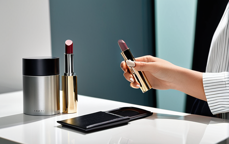 A serene, professional individual, seen from a natural angle, gently inserting a refill into a sleek, metallic lipstick case on a polished minimalist vanity. The scene emphasizes sophisticated sustainable beauty, with soft, elegant lighting. The subject is fully clothed in modest, professional attire, demonstrating perfect anatomy, correct proportions, and a natural pose with well-formed hands and proper finger count. The overall image depicts a high-quality, professional photograph, safe for work, appropriate content, and family-friendly.